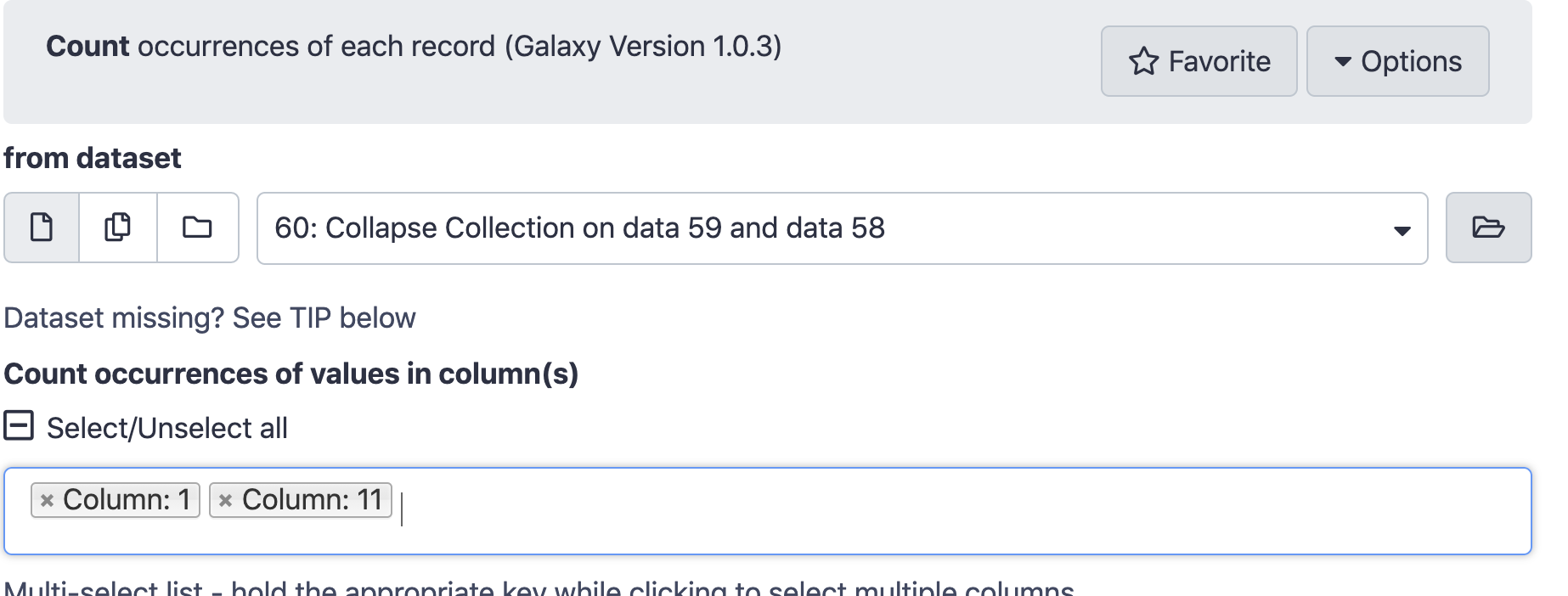 Example of selecting two columns in Count tool