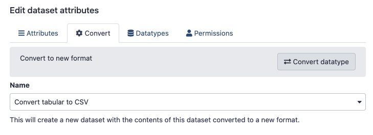 Menu options for converting a Tabular object to a CSV