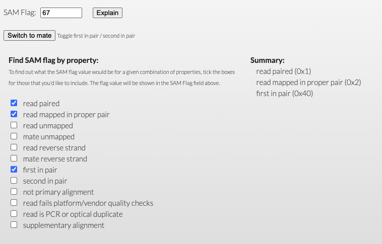 The Broad Institute Explain Flags interface with example calculation for SAM Flag 67
