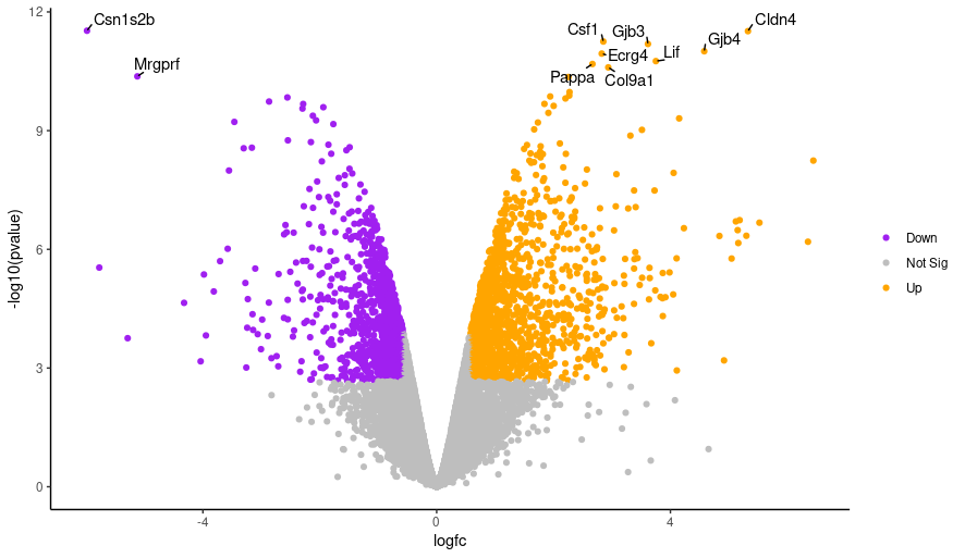 Modified color Volcano Plot of preg vs. lactate comparison