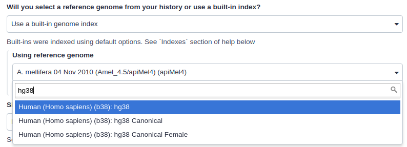 Example of selected a pre-indexed version of the human genome available on Galaxy